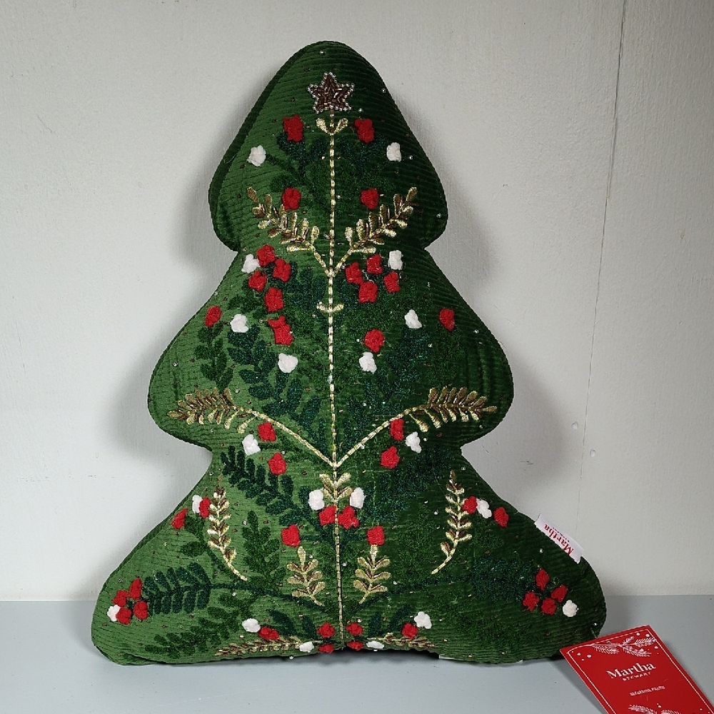 Martha Stewart Green Corduroy Embroidered Christmas‎ Tree Decorative Pillow NWT